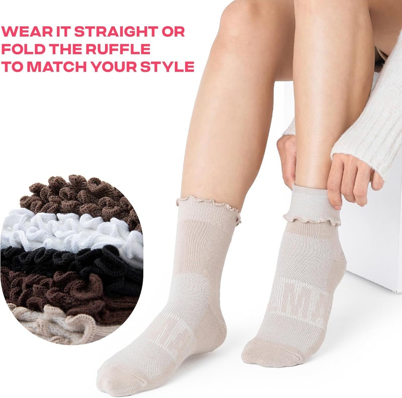 CoolMate Store 3 Pairs Womens Ruffle Socks, Cute Cotton Blend Crew Socks, Turn-Cuff Frilly Ankle Socks for Women - Image 3